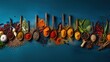 a row of wooden spoons filled with different types of spices and spices on top of a blue surface next to a row of wooden spoons filled with different types of spices and seasonings.