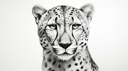 Poster -  a black and white photo of a cheetah looking at the camera with a sad look on its face.