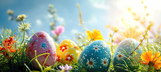 Wall Mural - Happy Easter. Decorated Easter eggs on green grass on a sunny spring day