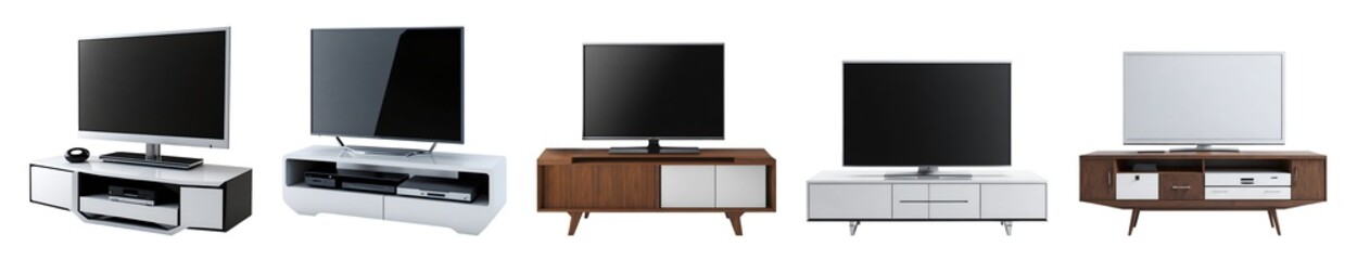 Set of various modern luxury TV stand isolated on transparent background. Generative AI