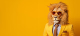 Fototapeta  - Modern Lion in fashionable trendy outfit with hipster glasses and yellow business suit. Creative animal concept banner. Pastel yellow background banner with copyspace.