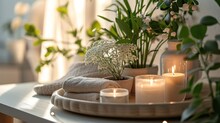 A Tray With Candles And Towels, Pots Of Flowers And Plants On It