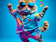 cat dancing with sunglasses with blue background generative AI
