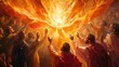 Vibrant scene of Pentecost with disciples receiving the Holy Spirit, depicted with dynamic flames and light