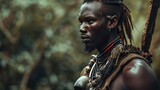 Male model as a tribal warrior in ancient Africa, strength and tradition.
