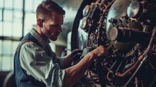 Male Model As A Vintage Airplane Mechanic, Engineering And Nostalgia.