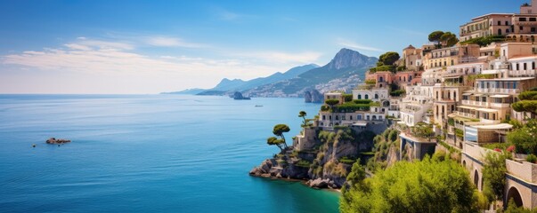 Wall Mural - Panoramic view of  Amalfi coast on hills with flowers and sea, Campania, Italy. Generative ai