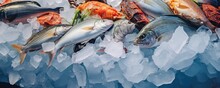 Fresh Seafood On Ice At The Fish Market Close Up. Generative Ai