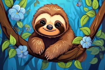 Canvas Print - Funny sloth in nature. Drawn cartoon animal illustration.