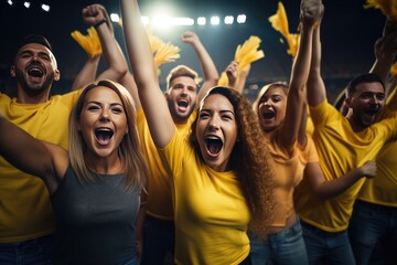 Canvas Print - Group of football fans are cheering for their team victory mix colour t shirt. Generative ai