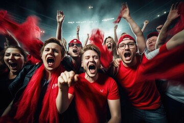 Canvas Print - Group of football fans are cheering for their team victory mix colour t shirt. Generative ai