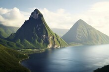 A Wide View Of Two Majestic Peaks In Saint Lucia, Caribbean. Generative AI