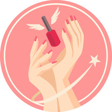 Manicure Logo For Nail Art Salon Vector Image. Two Hands Holding Red Nail Polish Bottle With Wings And Flying Star Around In Pink Peach Design