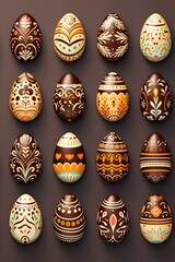 Wall Mural - Easter set chocolate ornate eggs on gray background