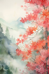 Poster - Autumn landscape with trees and mountains in fog. Vertical watercolor painting. Printable wall art. Generative AI