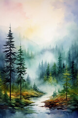 Sticker - Watercolor painting of a misty forest with a river and pine trees. Printable artwork. Generative AI