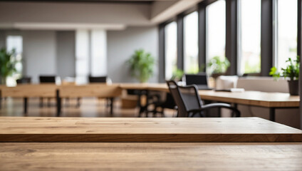 empty and clean wooden table with blurry office room