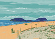 WPA poster art of a white sand surf beach in Mount Maunganui located in Tauranga, Bay of Plenty, New Zealand done in works project administration or federal art project style.

