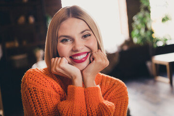 Poster - Photo of gorgeous peaceful positive girl arms touch cheeks beaming smile good mood pastime chill house inside