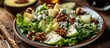 Avocado, blue cheese, walnuts, and pears on a green salad.