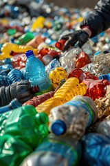 Wall Mural - A person is picking up a bunch of plastic bottles and cans, AI