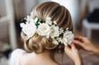 © Firn - Close up of hairstylist's hands arranging beautiful bridal hairstyle with flowers