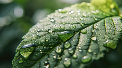 Close-up of a green leaf with water drops. Concept of eco-friendly, ecology and healthy environment