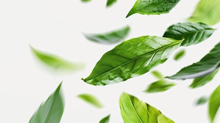 Green flying leaves isolated on white background. Fresh tea, air purifier, organic, vegan, eco or beauty product concept design banner