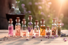 Mix of aromatherapy essential oils and herbal tinctures outdoors in sunlight