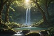 Waterfall in lush green forest with sun rays