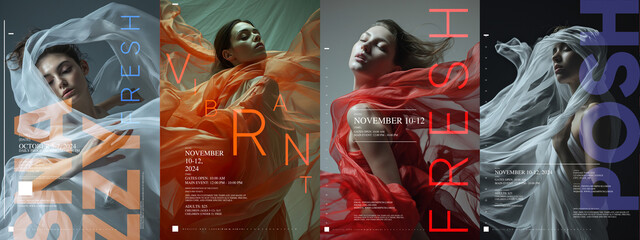 typography poster design. four fashion portraits overlaid with bold typography, promoting events wit