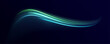 Magic green luminous glow design. Neon motion glowing wavy lines. Vector illustration.Neon swirl. Curve blue line light effect. Energy flow tunnel. Vector illustration