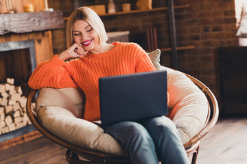 Poster - Portrait of cheerful nice girl sitting armchair use wireless laptop enjoy free time weekend apartment inside