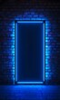 Neon-lit frame on a brick wall with a dark center, creating a mysterious portal-like effect with vibrant blue lighting.