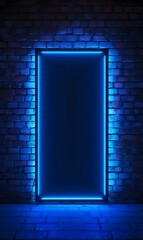 Wall Mural - Neon-lit frame on a brick wall with a dark center, creating a mysterious portal-like effect with vibrant blue lighting.