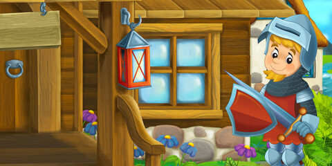 Wall Mural - cartoon scene with wooden windmill farm ranch house in the village knight prince illustration for children