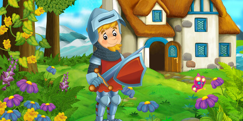 Wall Mural - cartoon scene with beautiful rural brick house in the forest on the meadow knight prince illustration for children