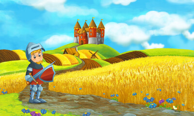 Wall Mural - cartoon scene with beautiful rural brick house near the kingdom castle in the farm field near meadow knight prince illustration for children