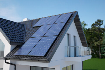 Wall Mural - Solar panels on roof house, 3D illustration