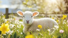 Cute Baby Lamb In The Blooming Flower Field. Greeting Card, Easter Or Springtime Concepts