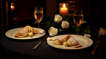 Deux assiette de crêpes sucrées garnies d'une noix de beurre pour un fabuleux dessert entre amoureux en tête à tête avec deux coupes de champagne