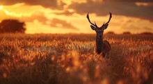 A Deer Stand In A Wheat Field At Sunset