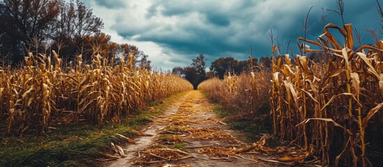 Poster - Cloudy day yellow corn maze path.