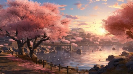 Wall Mural - A serene cherry blossom grove in full bloom.