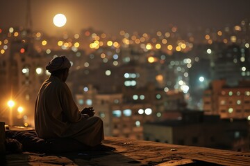 Wall Mural - As the city sleeps, a man prays on a rooftop under the moonlight, seeking solitude and communion with the divine during the holy month.