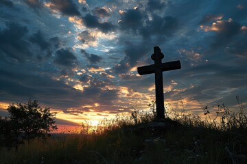 Wall Mural - As twilight descends on Golgotha, the sky transforms into a canvas of ethereal light, with the cross standing as a silent witness to eternal hope.