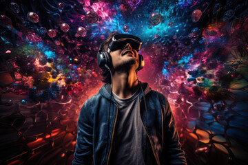 Canvas Print - A human experiencing a multisensory entertainment experience, illustrating the evolution of entertainment technologies. Concept of immersive entertainment. Generative Ai.