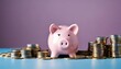 © ibreakstock - Budgeting symbolized - pink piggy bank beside coin pile on solid background, financial planning