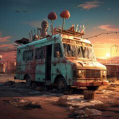 Canvas Print - Ice cream truck in a post-apocalyptic world