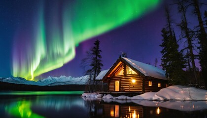 nighttime log cabin with lights under aurora borealis - stunning natural display